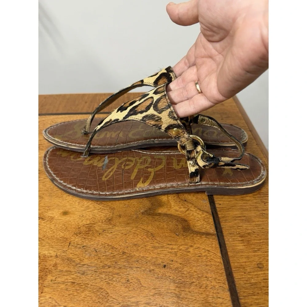 Sam Edelman Women's 10 Gigi Tan Leopard Calf Hair Thong Sandals Gold Accents